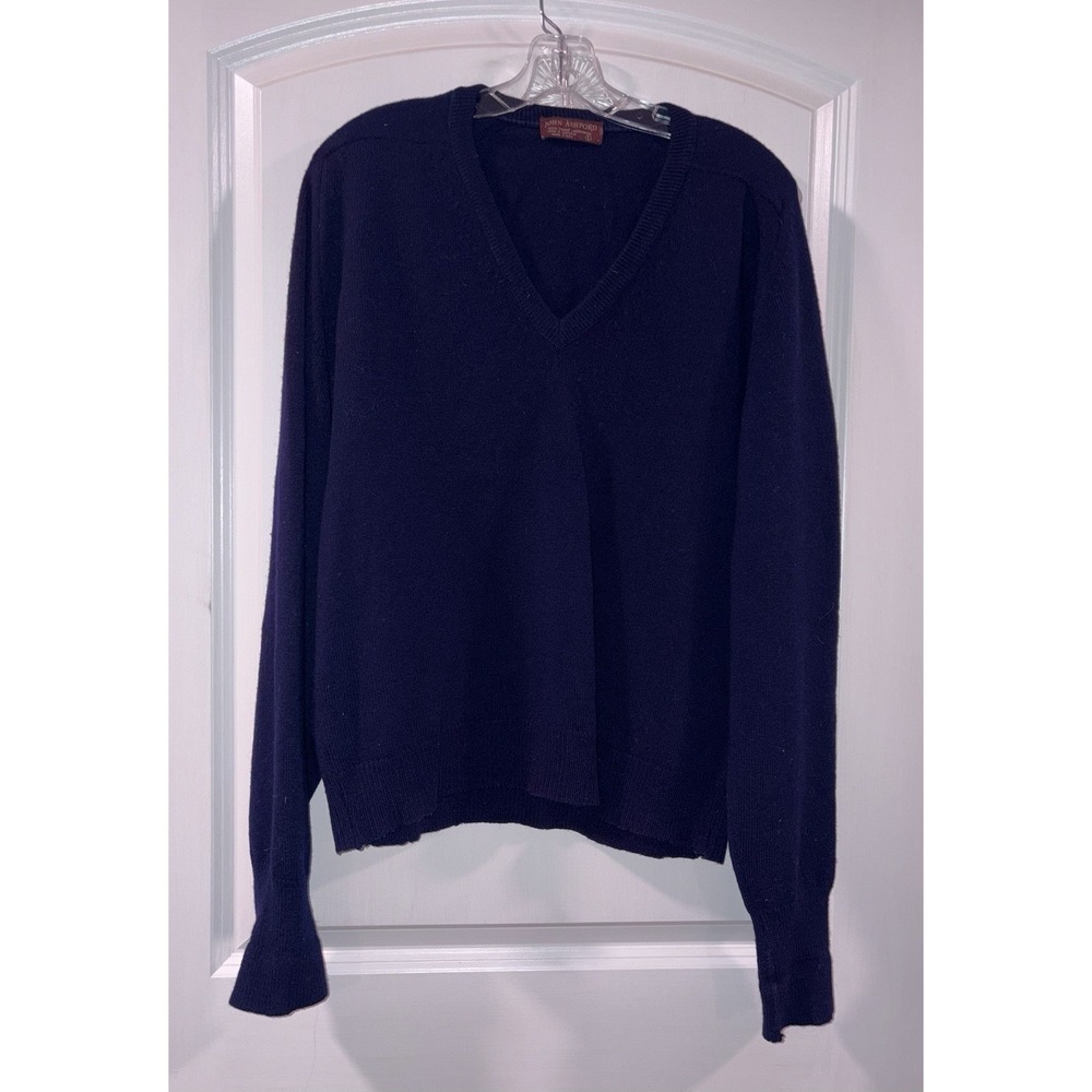 John Ashford Long Sleeve Sweater V-Neck Mens Large 100% Lambswool Navy Blue LG